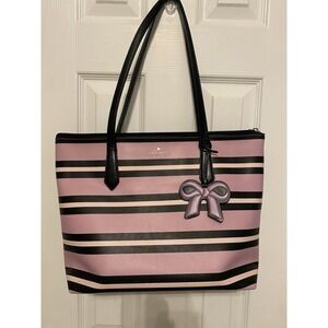 Kate‎ Spade New York Cassy Ottoman Striped Tote Handbag Purse Purple Pink Bow